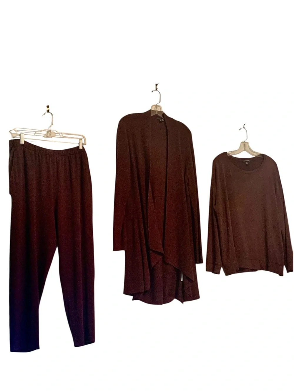 Eileen Fisher 3PC Lounge Set L Silk Cashmere Cardigan Tencel Pant/Top Brown Plum
